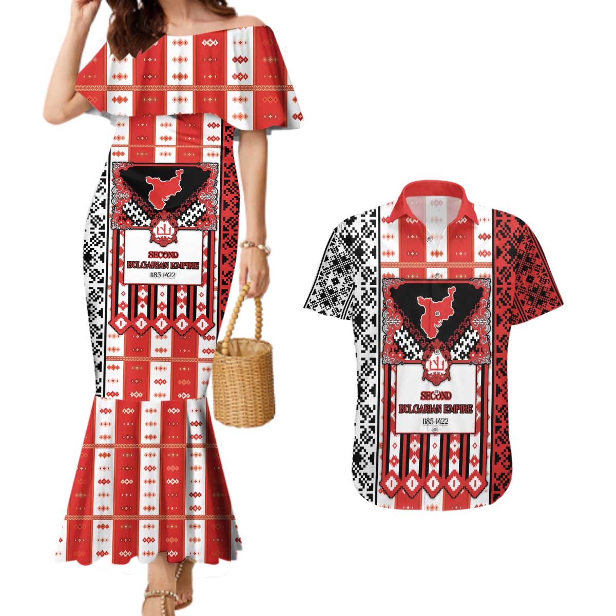 Second Bulgarian Empire Couples Matching Mermaid Dress and Hawaiian Shirt Slavic Patterns - Wonder Print Shop