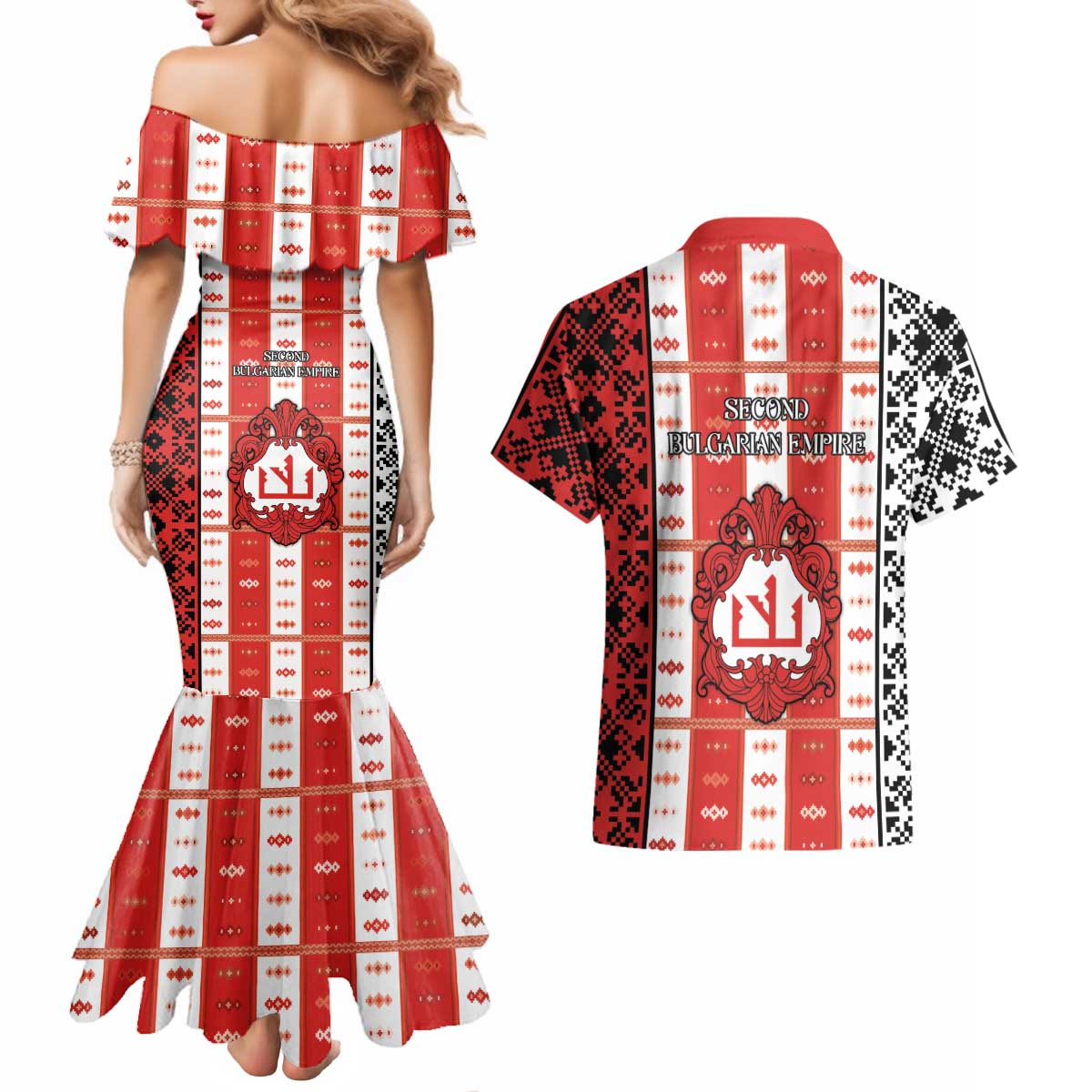 Second Bulgarian Empire Couples Matching Mermaid Dress and Hawaiian Shirt Slavic Patterns - Wonder Print Shop