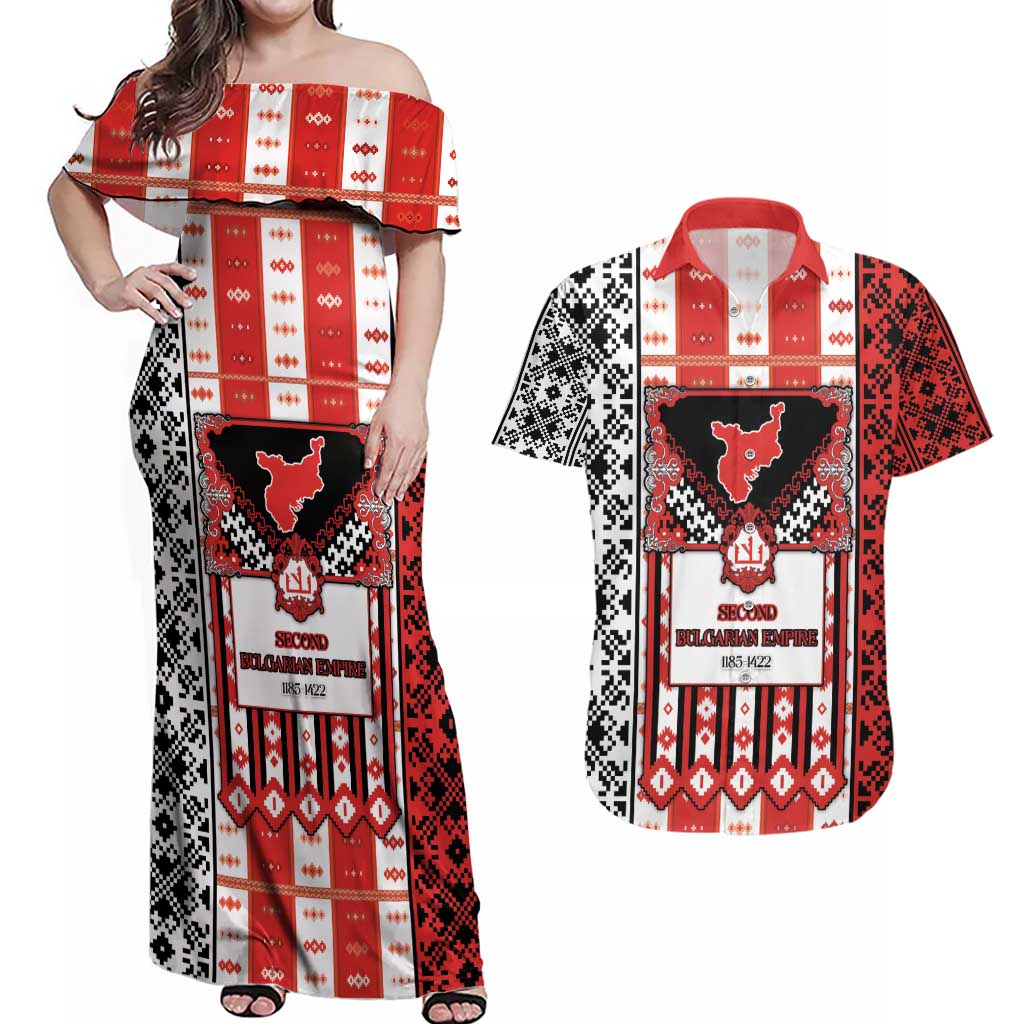 Second Bulgarian Empire Couples Matching Off Shoulder Maxi Dress and Hawaiian Shirt Slavic Patterns - Wonder Print Shop