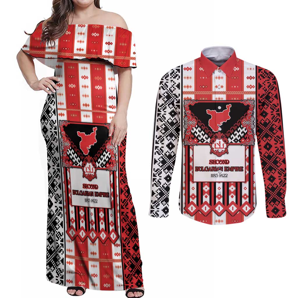 Second Bulgarian Empire Couples Matching Off Shoulder Maxi Dress and Long Sleeve Button Shirt Slavic Patterns - Wonder Print Shop