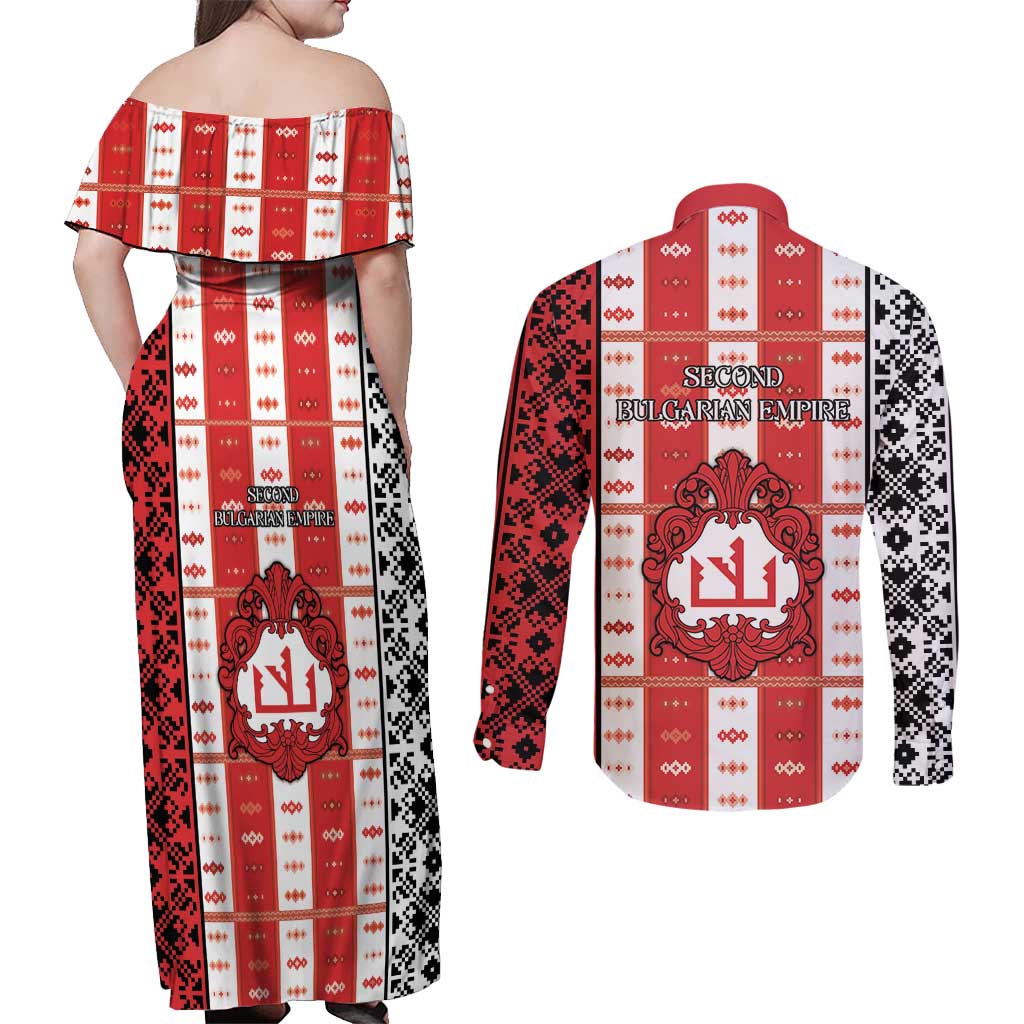Second Bulgarian Empire Couples Matching Off Shoulder Maxi Dress and Long Sleeve Button Shirt Slavic Patterns - Wonder Print Shop