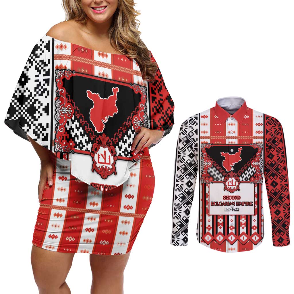 Second Bulgarian Empire Couples Matching Off Shoulder Short Dress and Long Sleeve Button Shirt Slavic Patterns - Wonder Print Shop