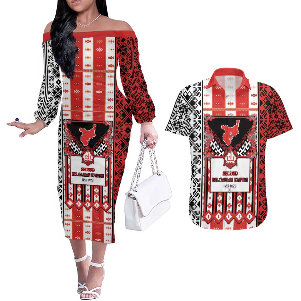 Second Bulgarian Empire Couples Matching Off The Shoulder Long Sleeve Dress and Hawaiian Shirt Slavic Patterns - Wonder Print Shop