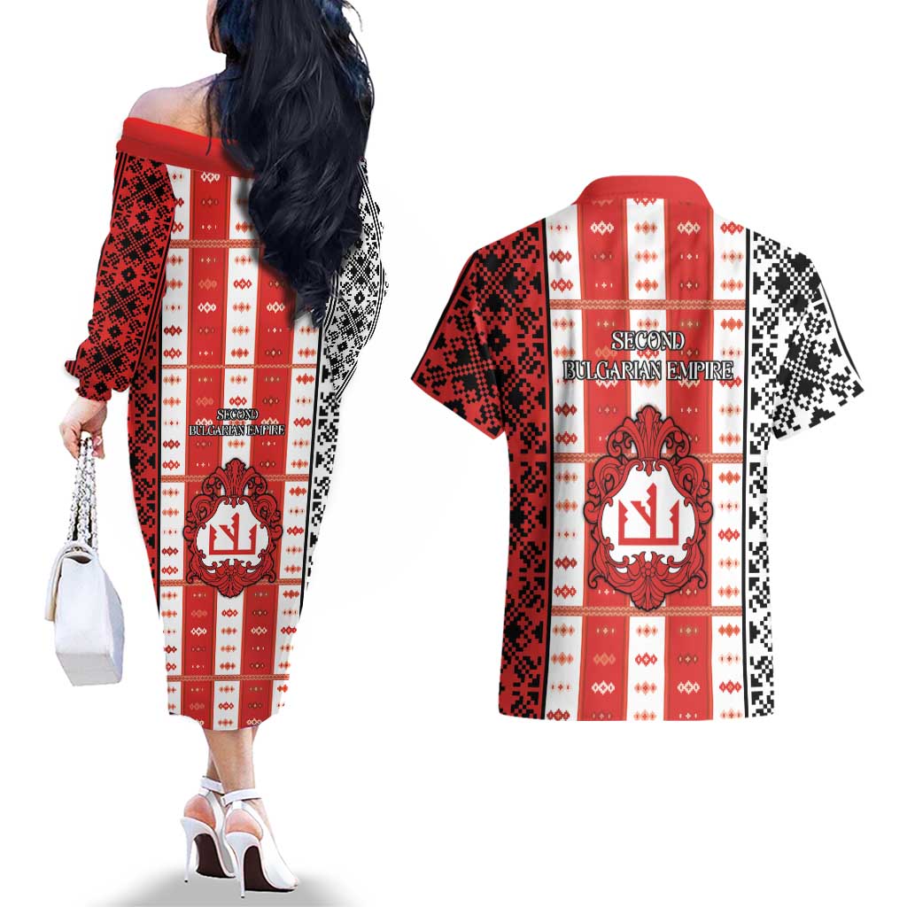 Second Bulgarian Empire Couples Matching Off The Shoulder Long Sleeve Dress and Hawaiian Shirt Slavic Patterns - Wonder Print Shop