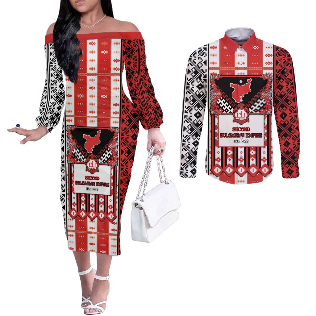 Second Bulgarian Empire Couples Matching Off The Shoulder Long Sleeve Dress and Long Sleeve Button Shirt Slavic Patterns - Wonder Print Shop