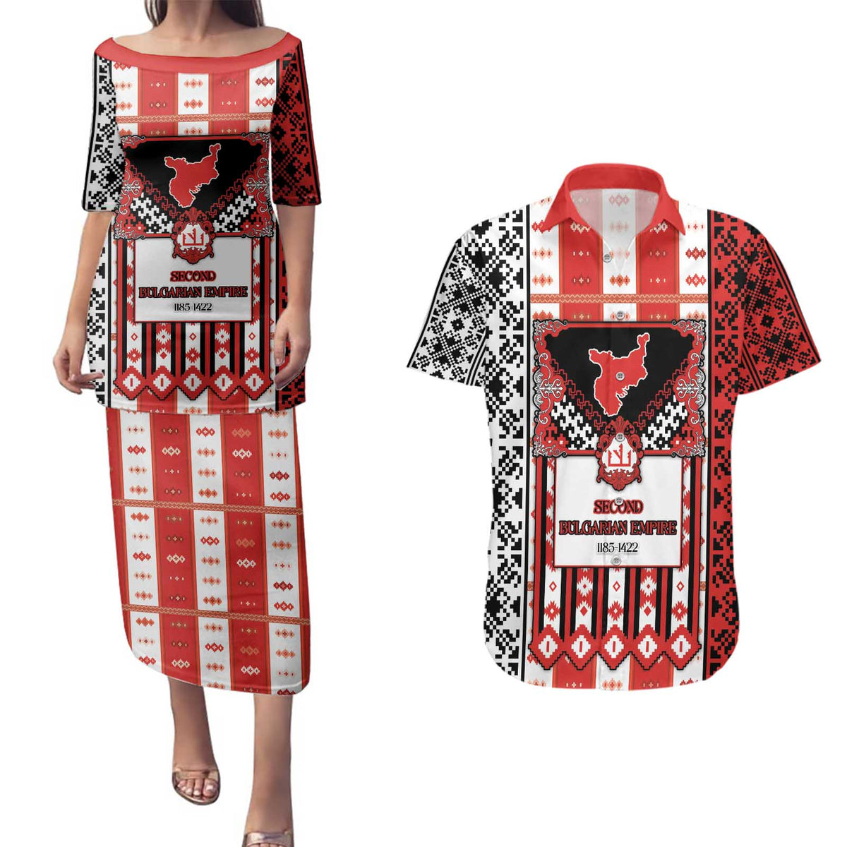 Second Bulgarian Empire Couples Matching Puletasi and Hawaiian Shirt Slavic Patterns - Wonder Print Shop