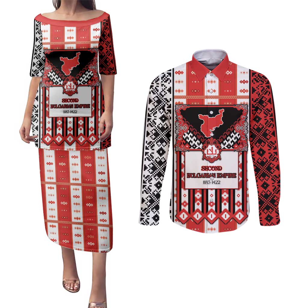Second Bulgarian Empire Couples Matching Puletasi and Long Sleeve Button Shirt Slavic Patterns - Wonder Print Shop