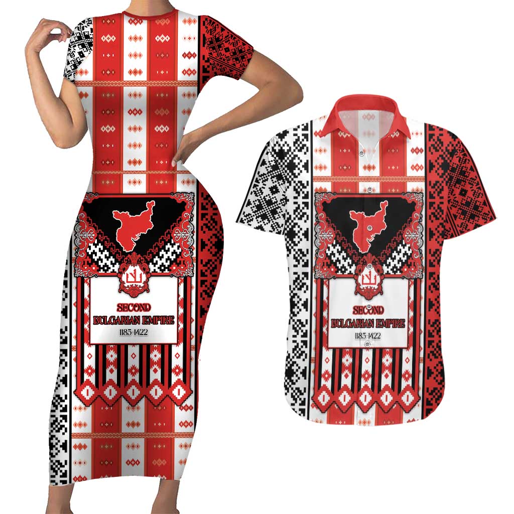 Second Bulgarian Empire Couples Matching Short Sleeve Bodycon Dress and Hawaiian Shirt Slavic Patterns - Wonder Print Shop