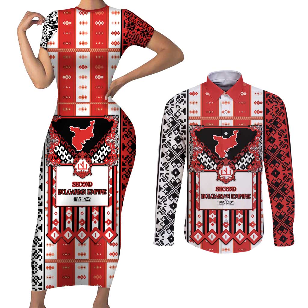 Second Bulgarian Empire Couples Matching Short Sleeve Bodycon Dress and Long Sleeve Button Shirt Slavic Patterns - Wonder Print Shop