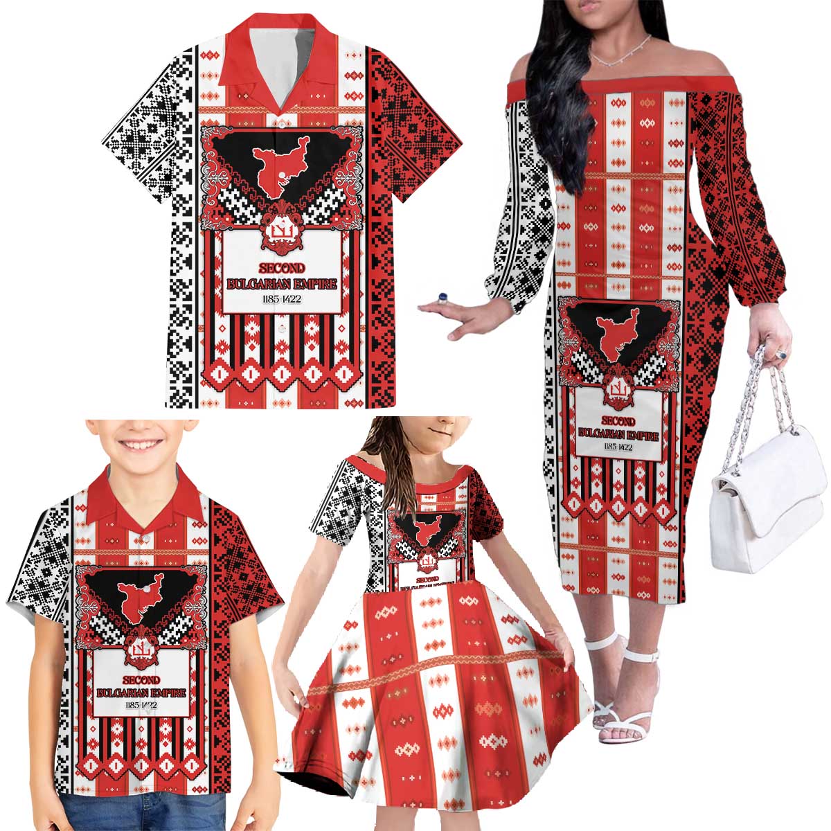 Second Bulgarian Empire Family Matching Off The Shoulder Long Sleeve Dress and Hawaiian Shirt Slavic Patterns - Wonder Print Shop