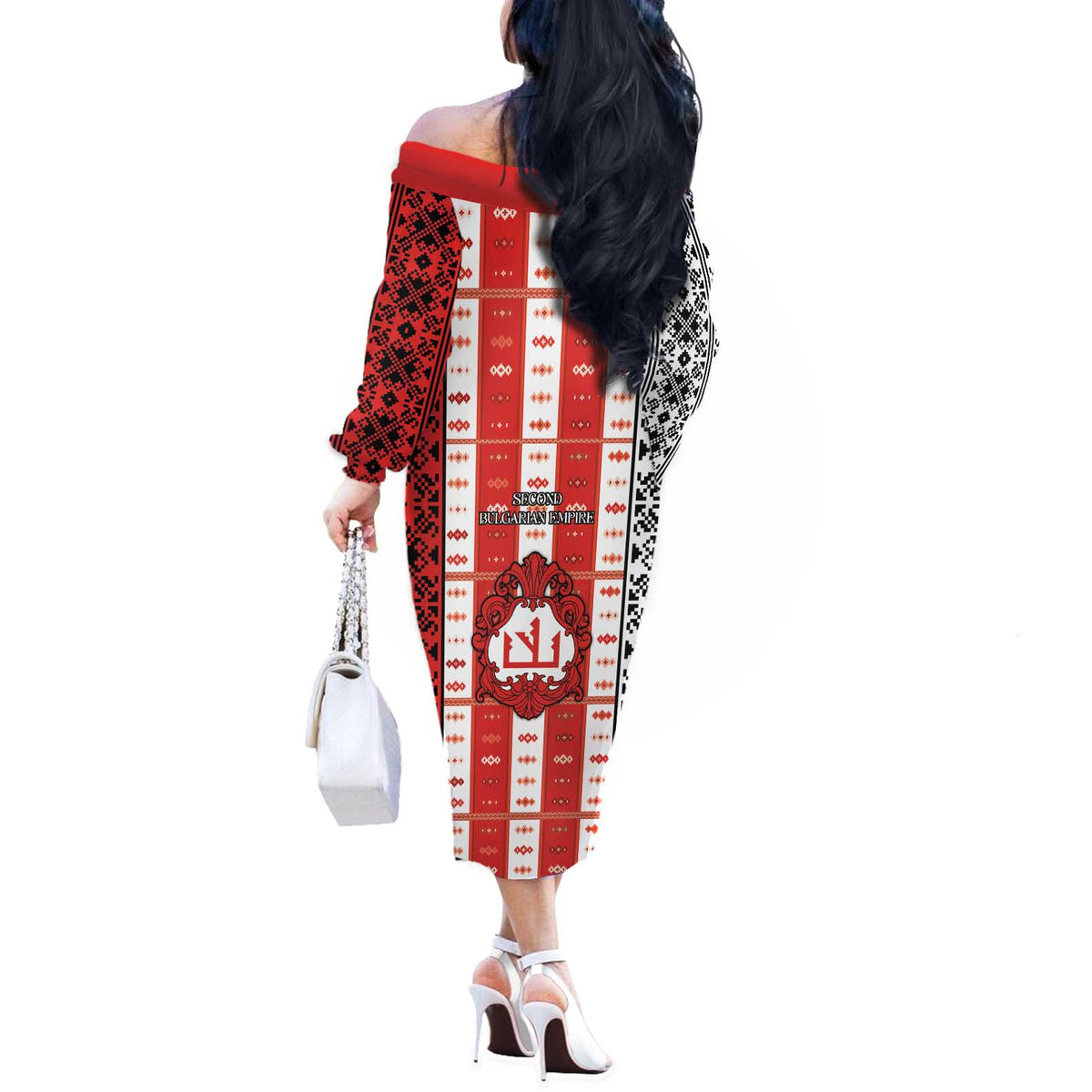 Second Bulgarian Empire Off The Shoulder Long Sleeve Dress Slavic Patterns - Wonder Print Shop
