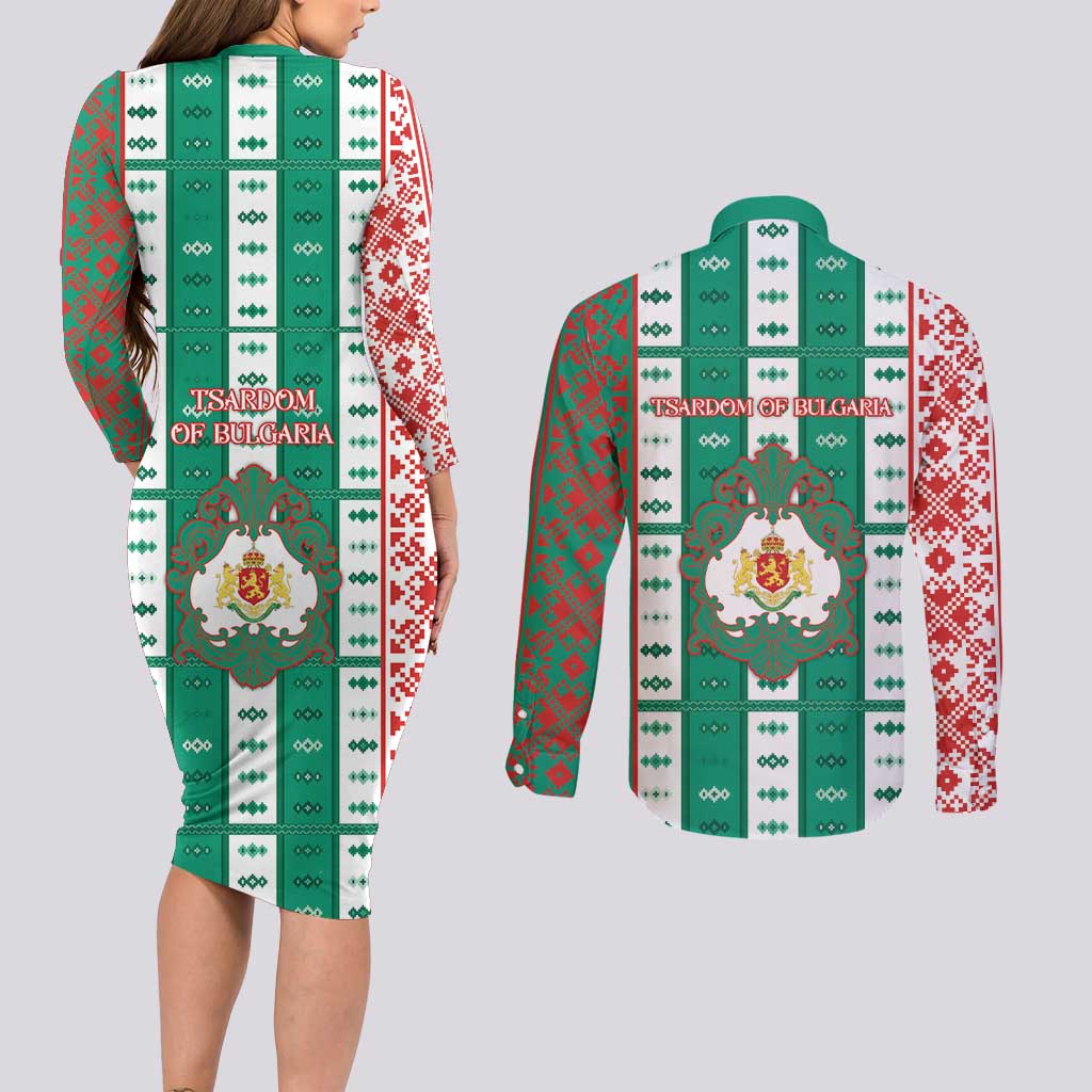 Tsardom Of Bulgaria Couples Matching Long Sleeve Bodycon Dress and Long Sleeve Button Shirt Slavic Patterns - Wonder Print Shop