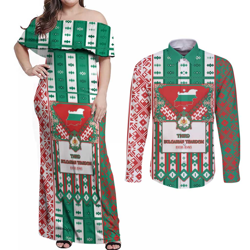Tsardom Of Bulgaria Couples Matching Off Shoulder Maxi Dress and Long Sleeve Button Shirt Slavic Patterns - Wonder Print Shop