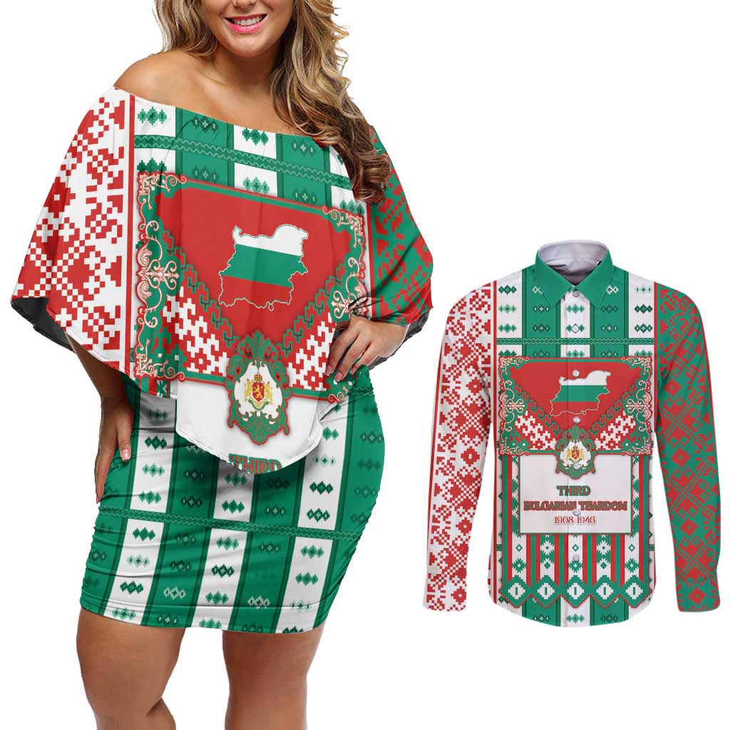 Tsardom Of Bulgaria Couples Matching Off Shoulder Short Dress and Long Sleeve Button Shirt Slavic Patterns - Wonder Print Shop