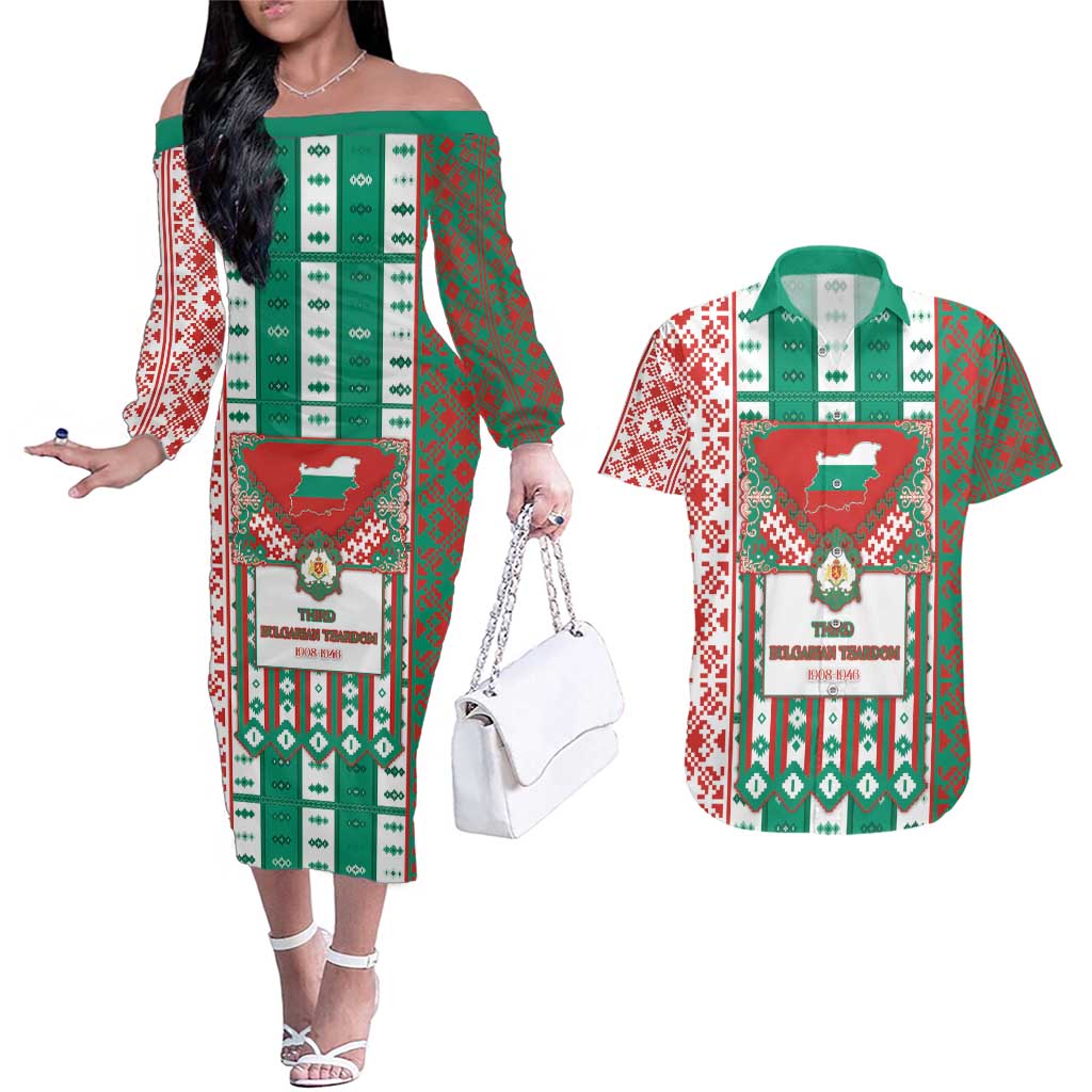 Tsardom Of Bulgaria Couples Matching Off The Shoulder Long Sleeve Dress and Hawaiian Shirt Slavic Patterns - Wonder Print Shop