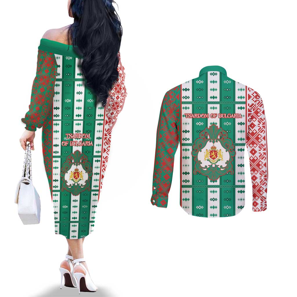 Tsardom Of Bulgaria Couples Matching Off The Shoulder Long Sleeve Dress and Long Sleeve Button Shirt Slavic Patterns - Wonder Print Shop