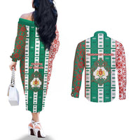 Tsardom Of Bulgaria Couples Matching Off The Shoulder Long Sleeve Dress and Long Sleeve Button Shirt Slavic Patterns - Wonder Print Shop
