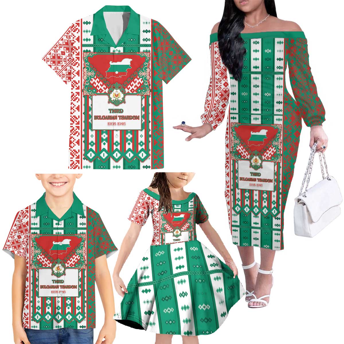 Tsardom Of Bulgaria Family Matching Off The Shoulder Long Sleeve Dress and Hawaiian Shirt Slavic Patterns - Wonder Print Shop