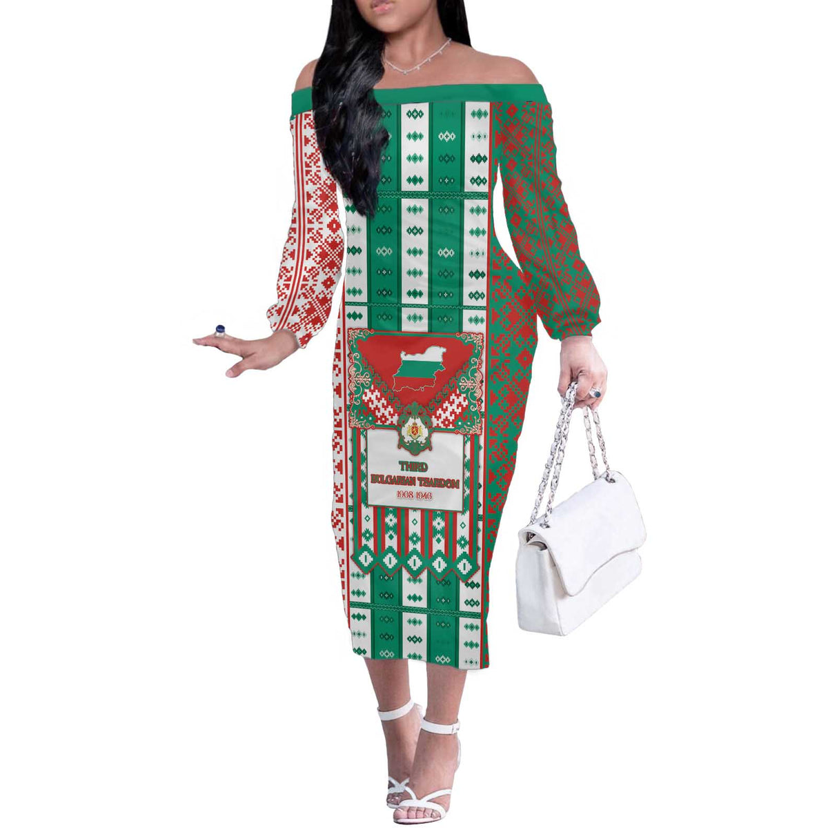 Tsardom Of Bulgaria Off The Shoulder Long Sleeve Dress Slavic Patterns - Wonder Print Shop