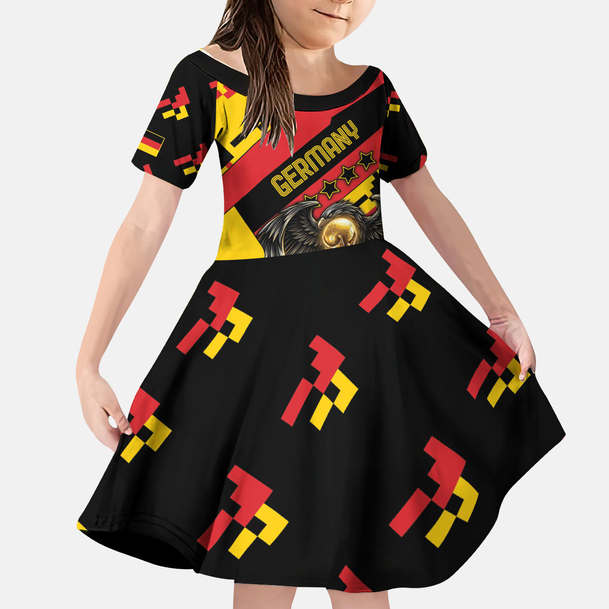 Custom Germany Football Kid Short Sleeve Dress Majestic Eagle And Gold Trophy Unique Style