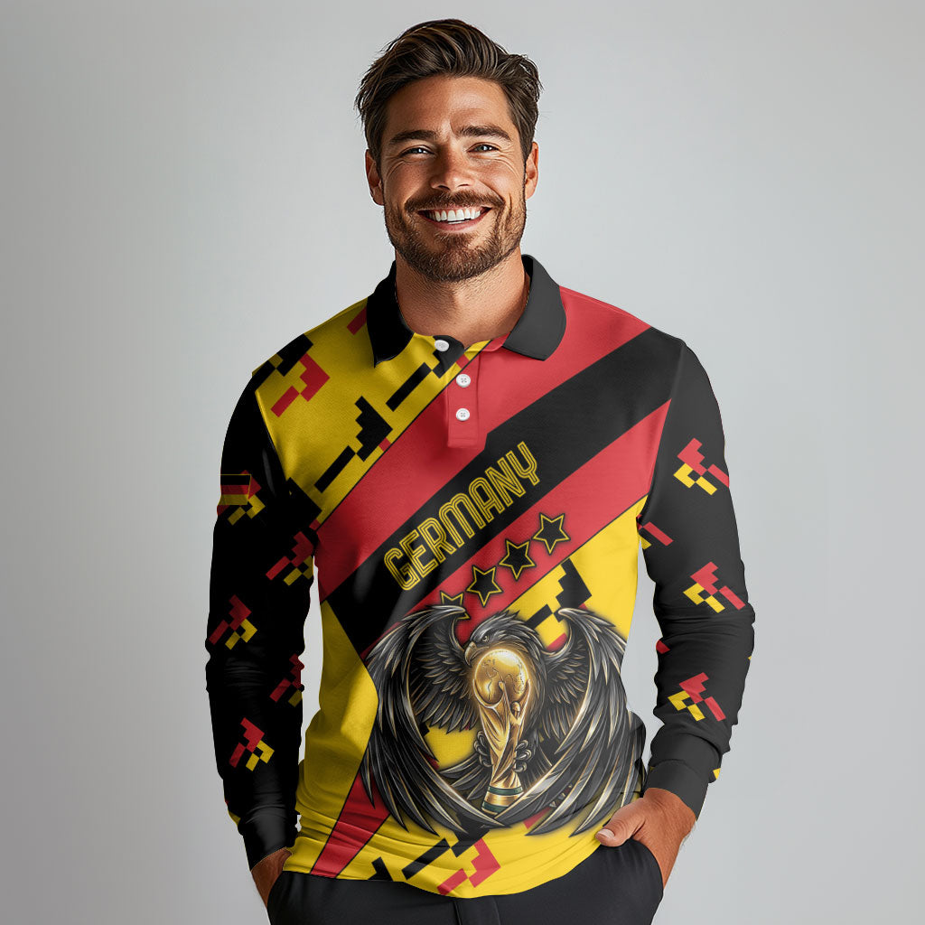 Custom Germany Football Long Sleeve Polo Shirt Majestic Eagle And Gold Trophy Unique Style