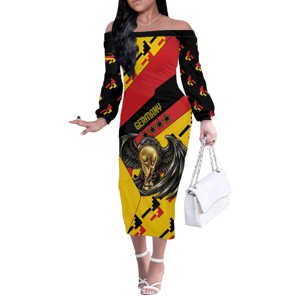 Custom Germany Football Off The Shoulder Long Sleeve Dress Majestic Eagle And Gold Trophy Unique Style