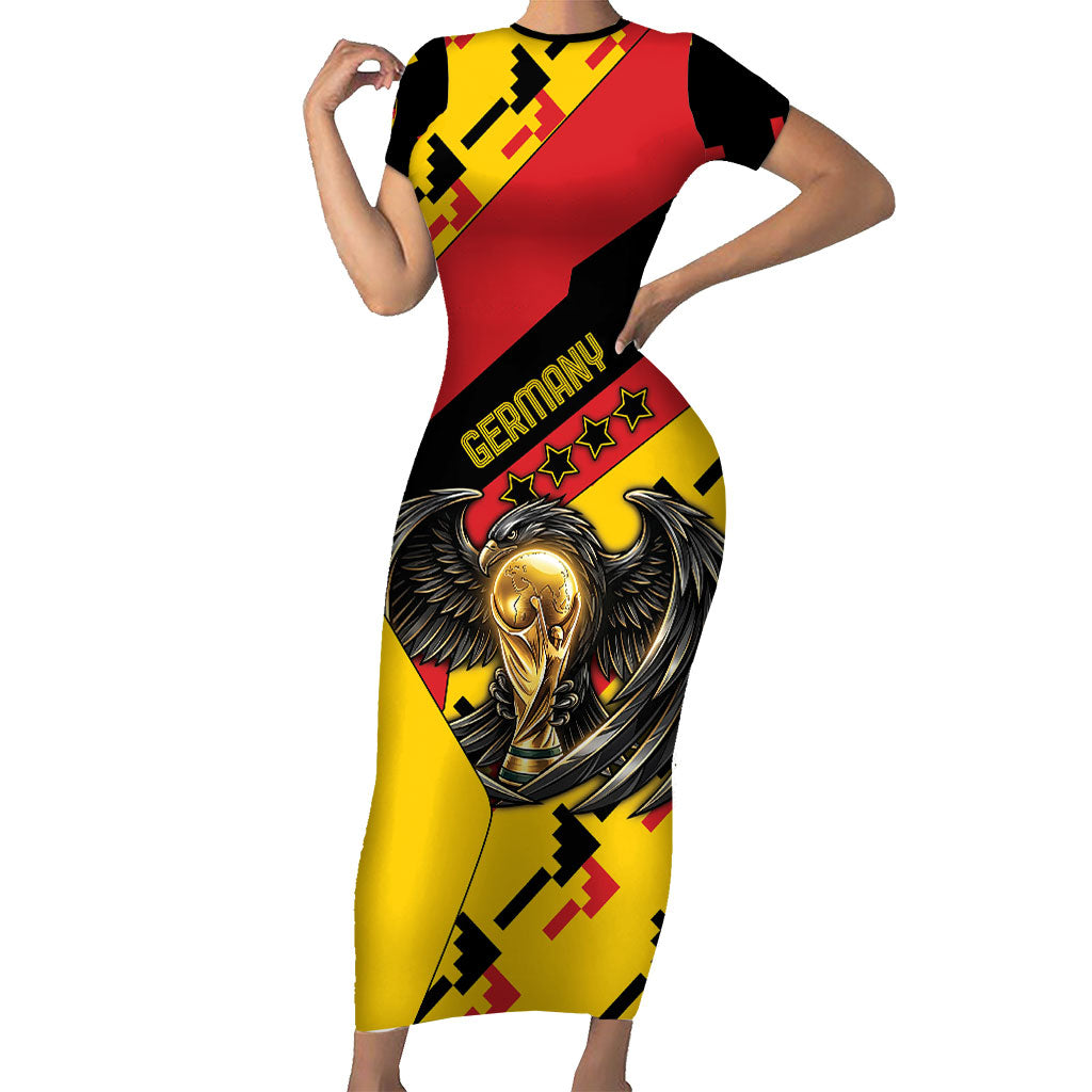Custom Germany Football Short Sleeve Bodycon Dress Majestic Eagle And Gold Trophy Unique Style