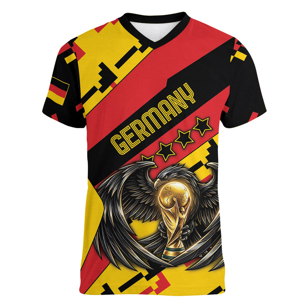 Custom Germany Football Women V-Neck T-Shirt Majestic Eagle And Gold Trophy Unique Style