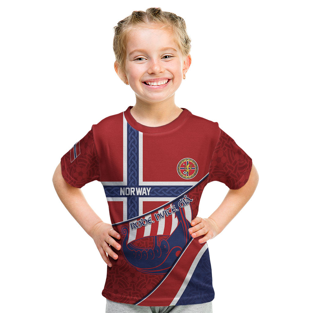 Custom Norway Football Kid T Shirt Viking Ship Nordic Patterns