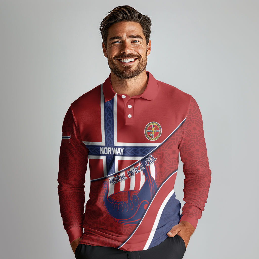 Custom Norway Football Long Sleeve Polo Shirt Viking Ship Nordic Patterns