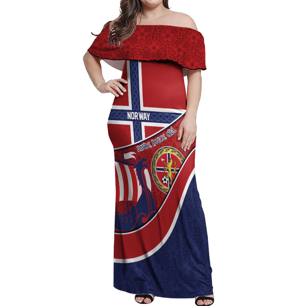 Custom Norway Football Off Shoulder Maxi Dress Viking Ship Nordic Patterns