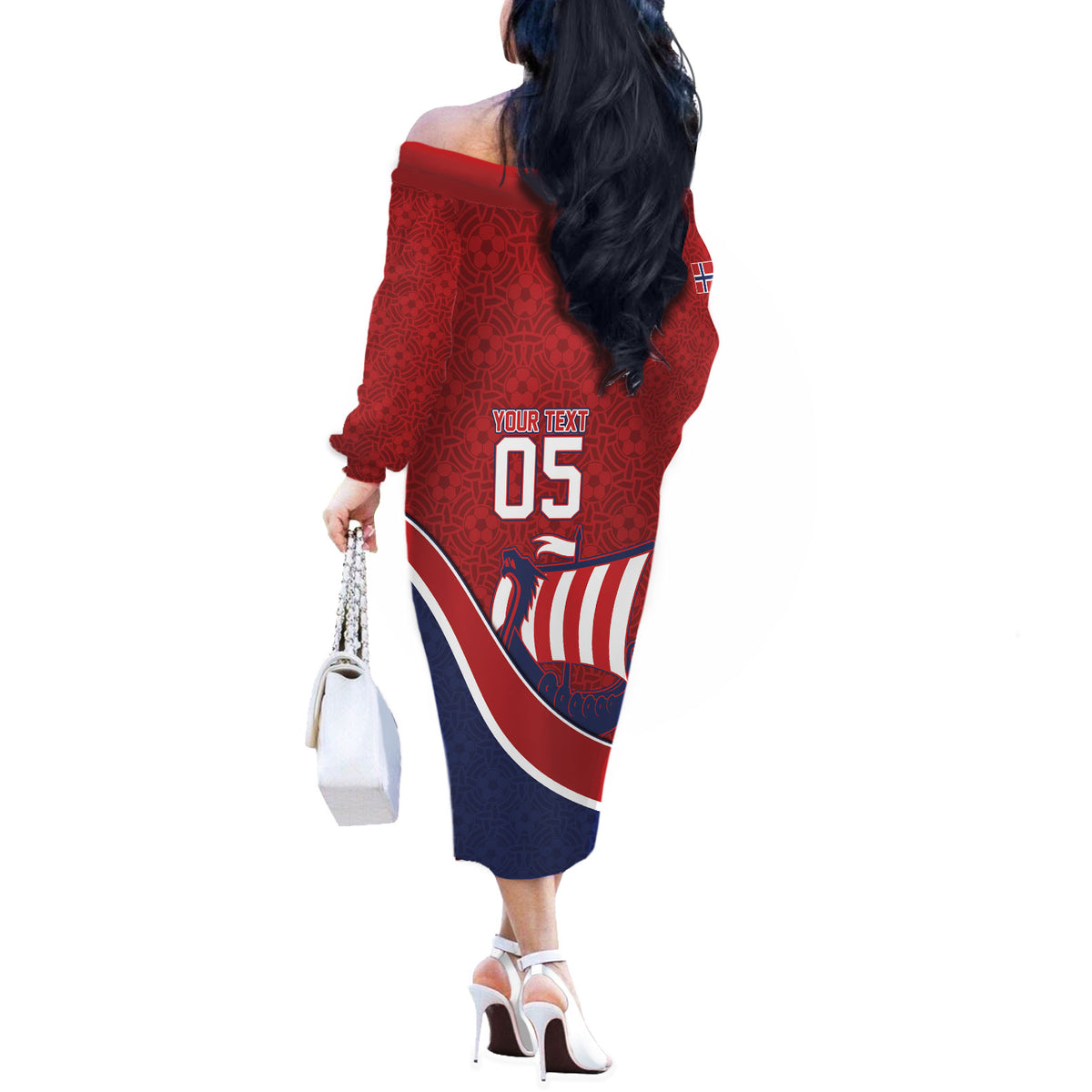 Custom Norway Football Off The Shoulder Long Sleeve Dress Viking Ship Nordic Patterns