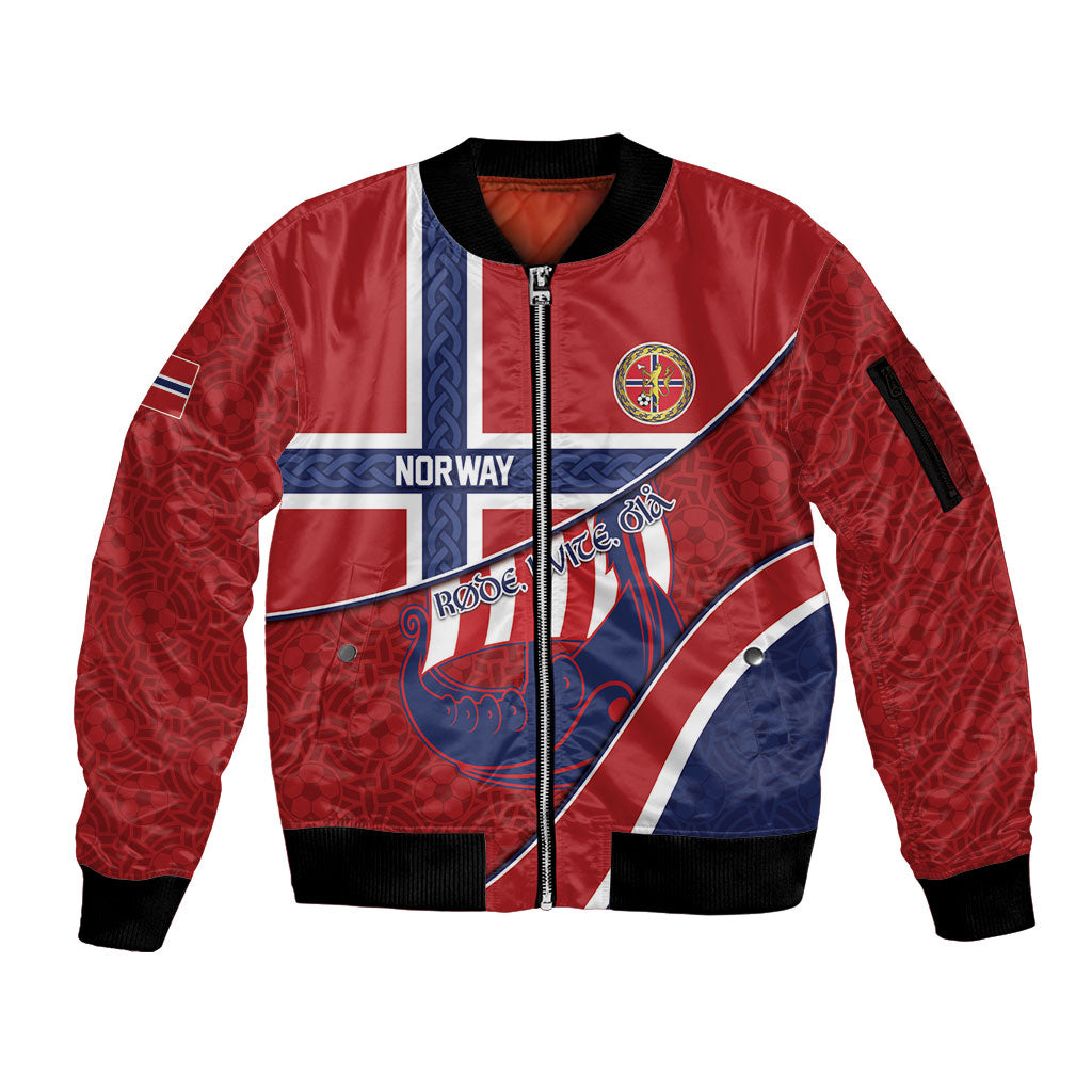 Custom Norway Football Sleeve Zip Bomber Jacket Viking Ship Nordic Patterns