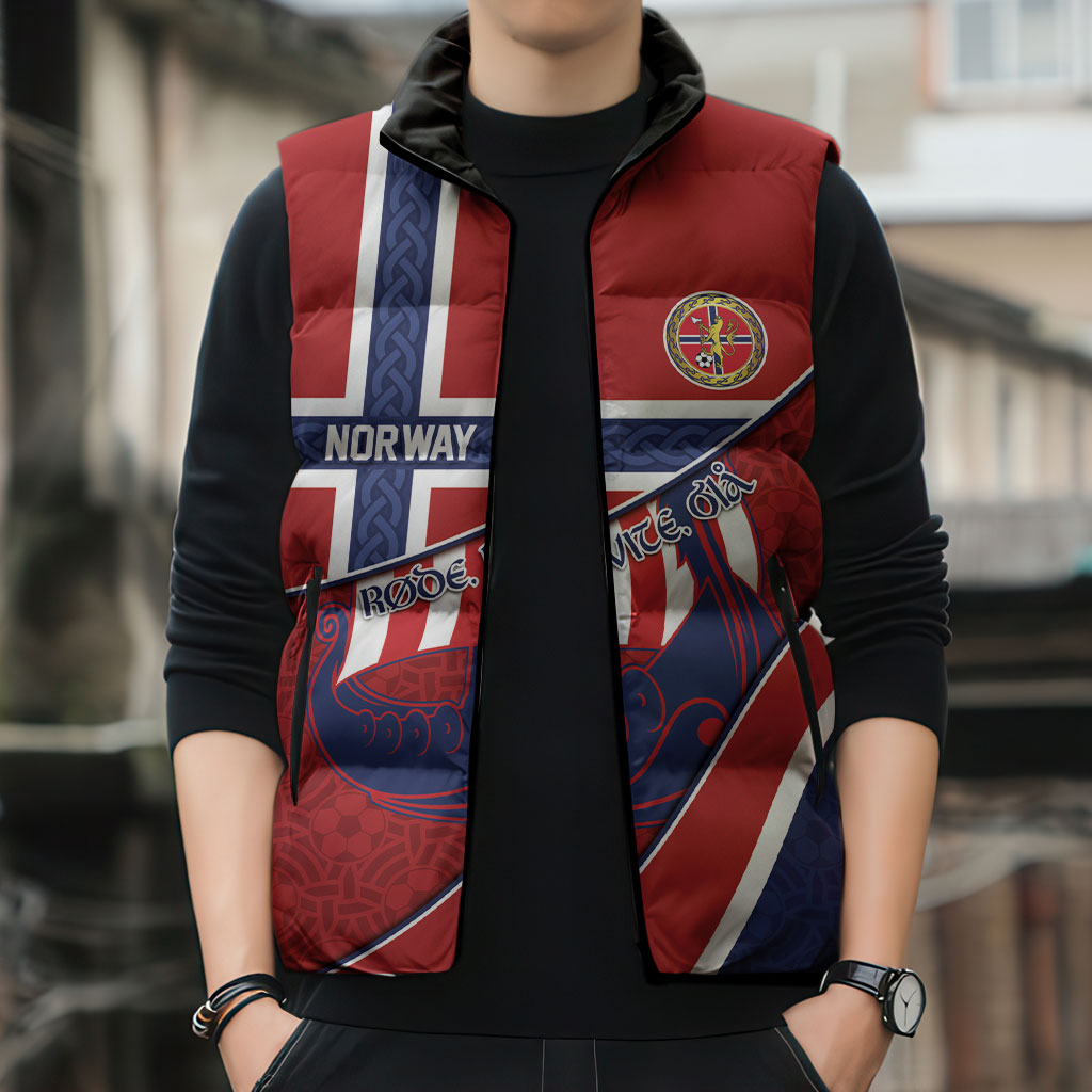 Custom Norway Football Sleeveless Puffer Jacket Viking Ship Nordic Patterns