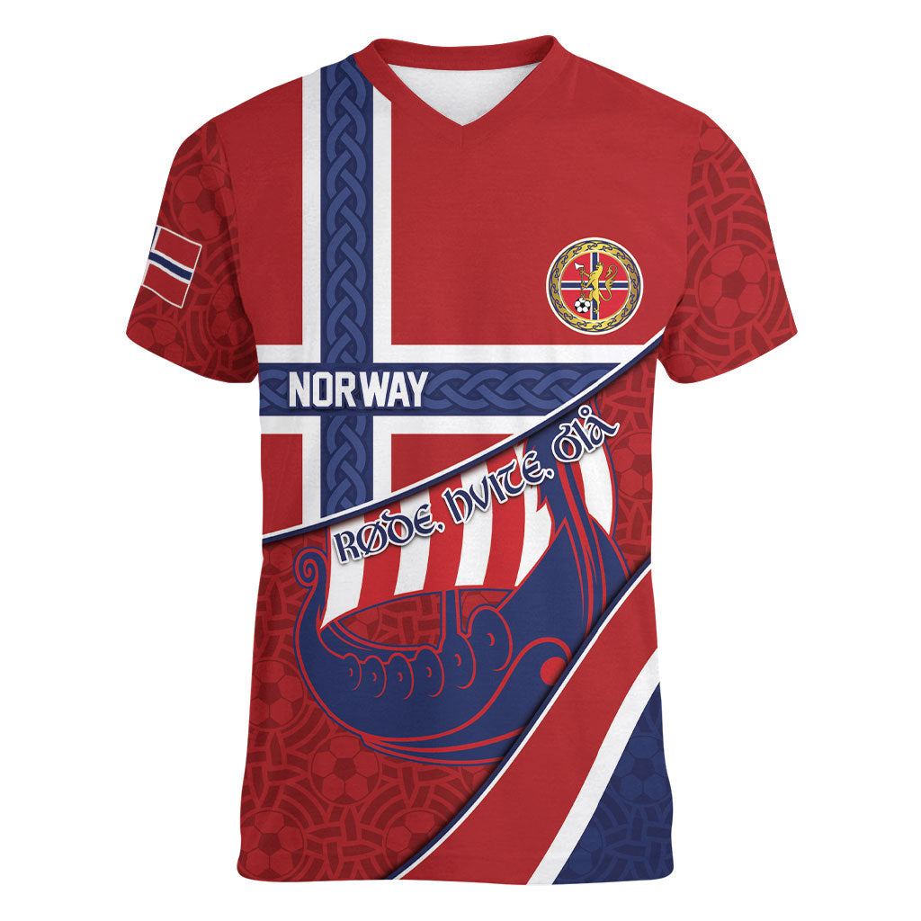 Custom Norway Football Women V-Neck T-Shirt Viking Ship Nordic Patterns