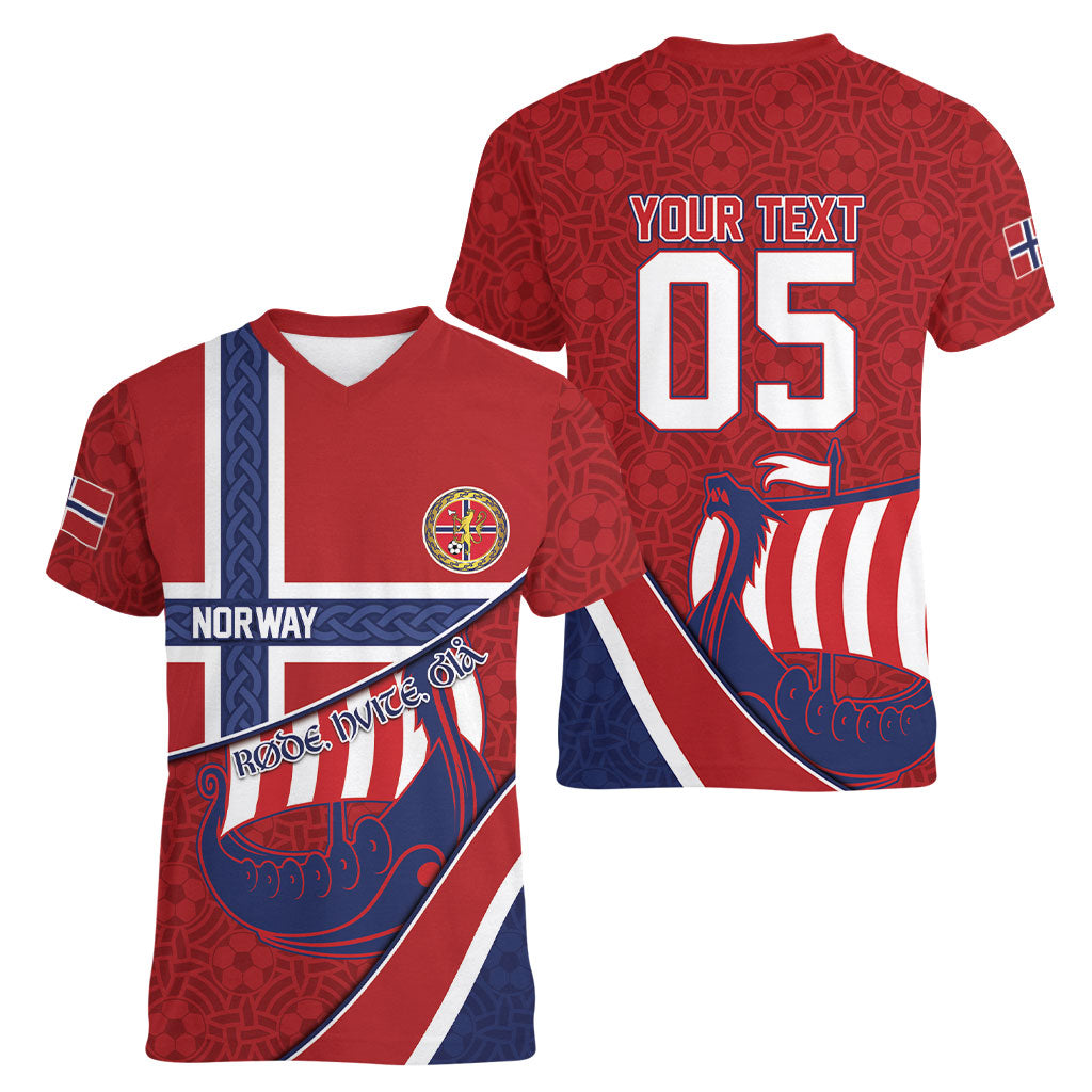 Custom Norway Football Women V-Neck T-Shirt Viking Ship Nordic Patterns