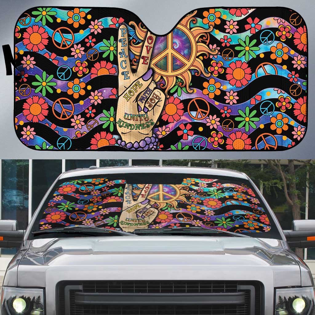 Hippie Auto Sun Shade Hand Gesture V With Peace Symbol - Wonder Print Shop