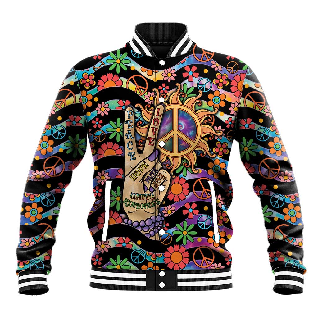 Hippie Baseball Jacket Hand Gesture V With Peace Symbol - Wonder Print Shop