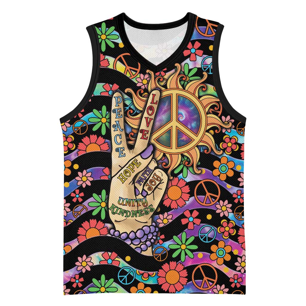 Hippie Basketball Jersey Hand Gesture V With Peace Symbol - Wonder Print Shop