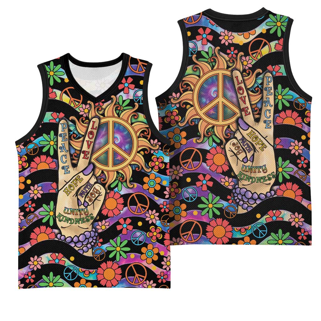 Hippie Basketball Jersey Hand Gesture V With Peace Symbol - Wonder Print Shop