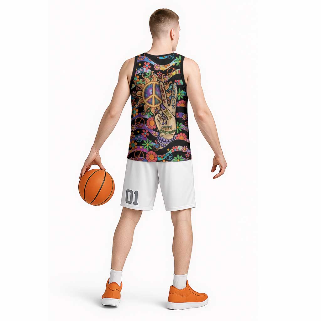 Hippie Basketball Jersey Hand Gesture V With Peace Symbol - Wonder Print Shop