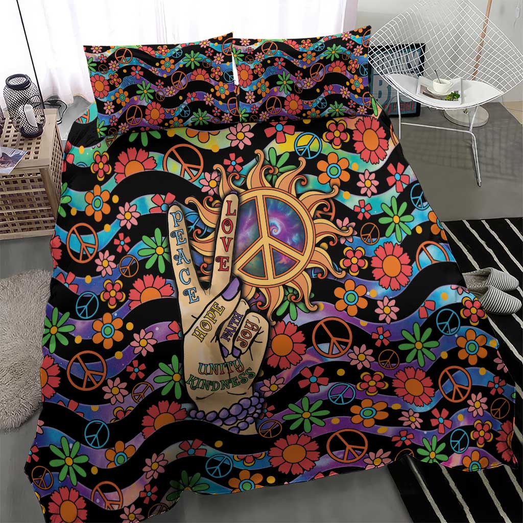 Hippie Bedding Set Hand Gesture V With Peace Symbol - Wonder Print Shop