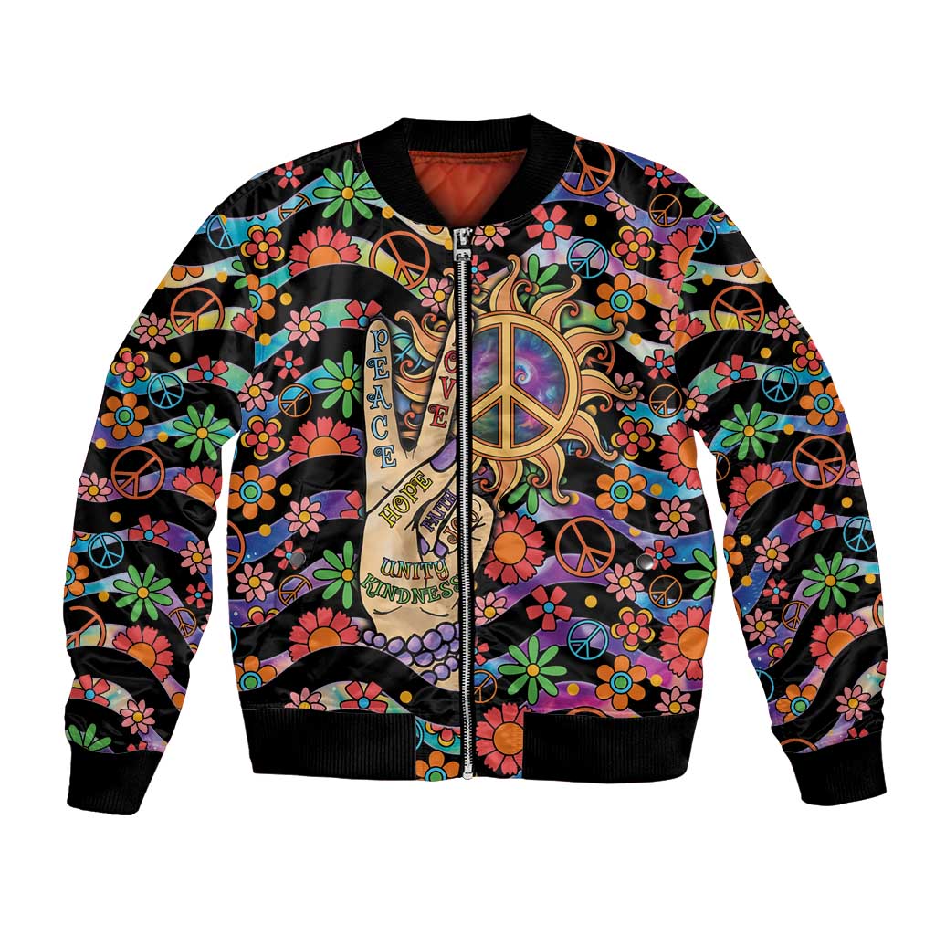 Hippie Bomber Jacket Hand Gesture V With Peace Symbol - Wonder Print Shop