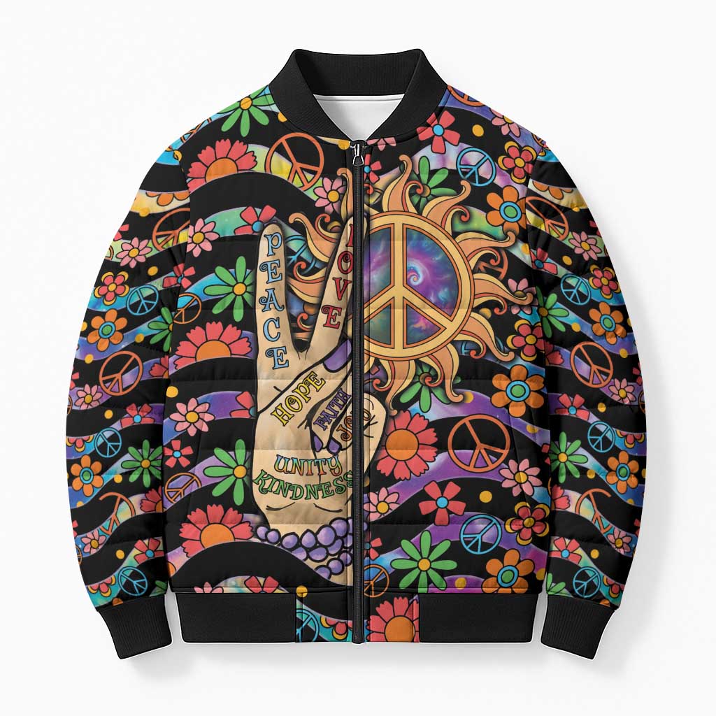 Hippie Bomber Puffer Jacket Hand Gesture V With Peace Symbol - Wonder Print Shop