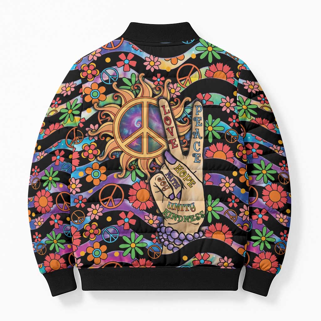 Hippie Bomber Puffer Jacket Hand Gesture V With Peace Symbol - Wonder Print Shop