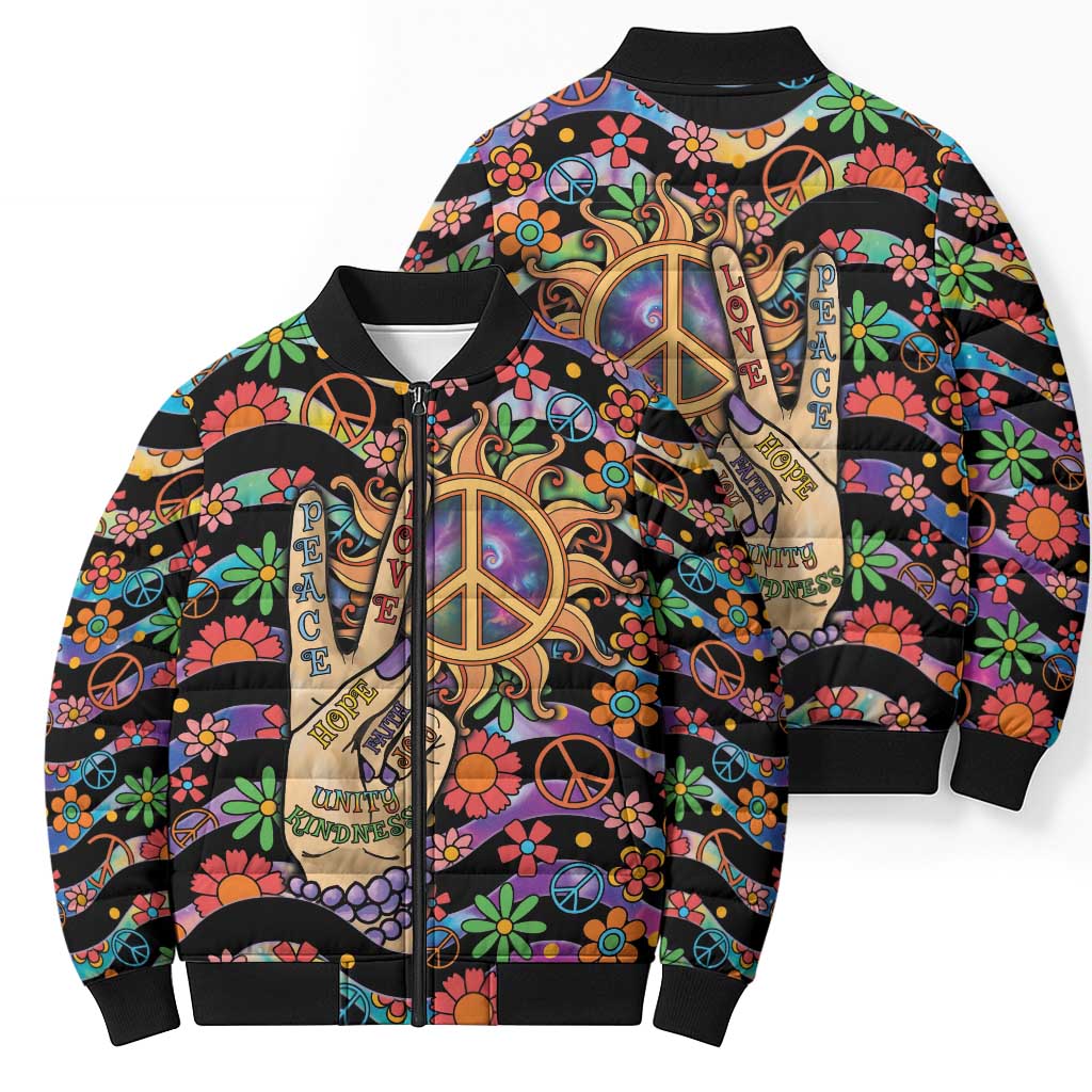Hippie Bomber Puffer Jacket Hand Gesture V With Peace Symbol - Wonder Print Shop