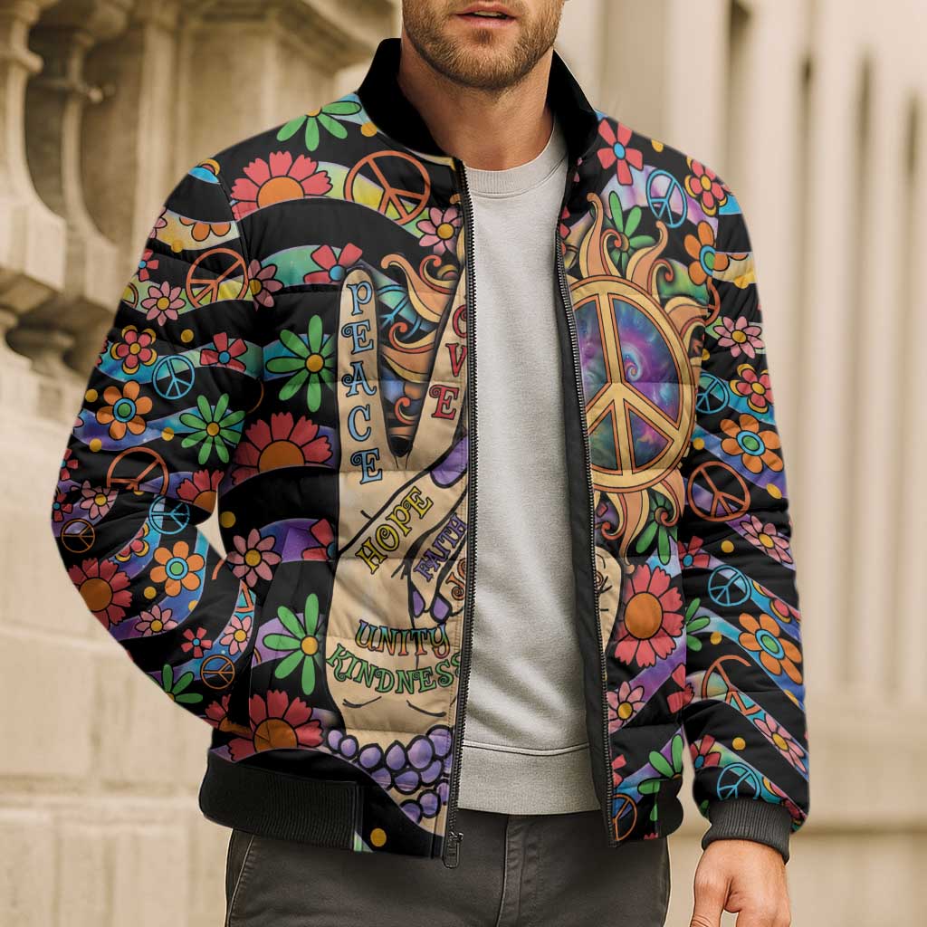 Hippie Bomber Puffer Jacket Hand Gesture V With Peace Symbol - Wonder Print Shop
