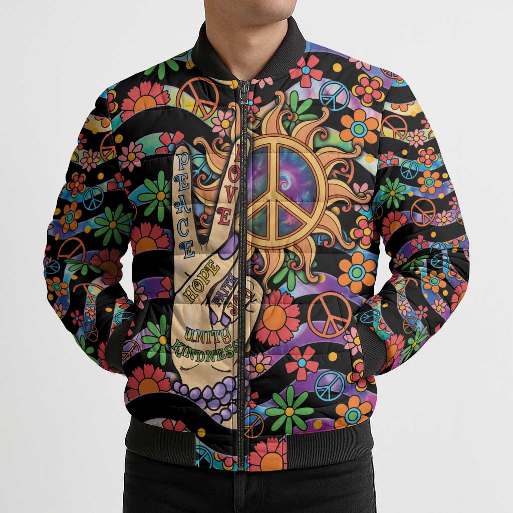 Hippie Bomber Puffer Jacket Hand Gesture V With Peace Symbol - Wonder Print Shop