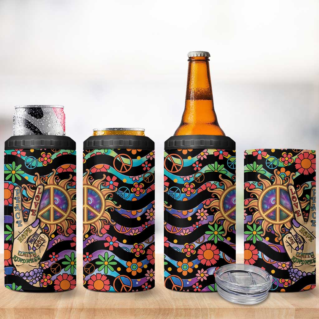 Hippie 4 in 1 Can Cooler Tumbler Hand Gesture V With Peace Symbol - Wonder Print Shop