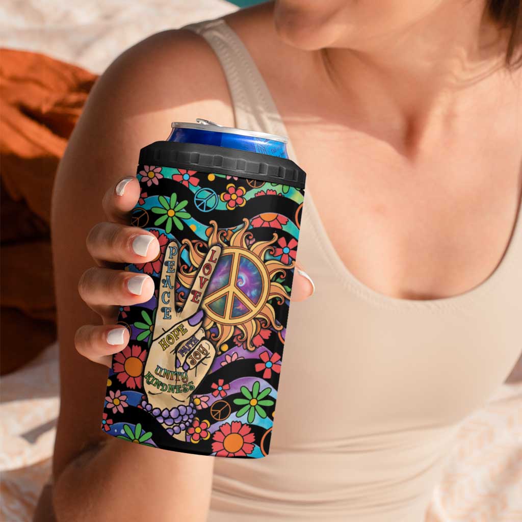 Hippie 4 in 1 Can Cooler Tumbler Hand Gesture V With Peace Symbol - Wonder Print Shop